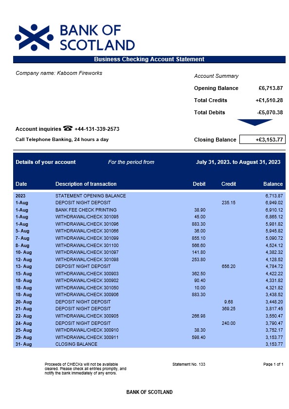 Modèle Word et PDF de relevé de compte courant d'entreprise de la Bank of Scotland